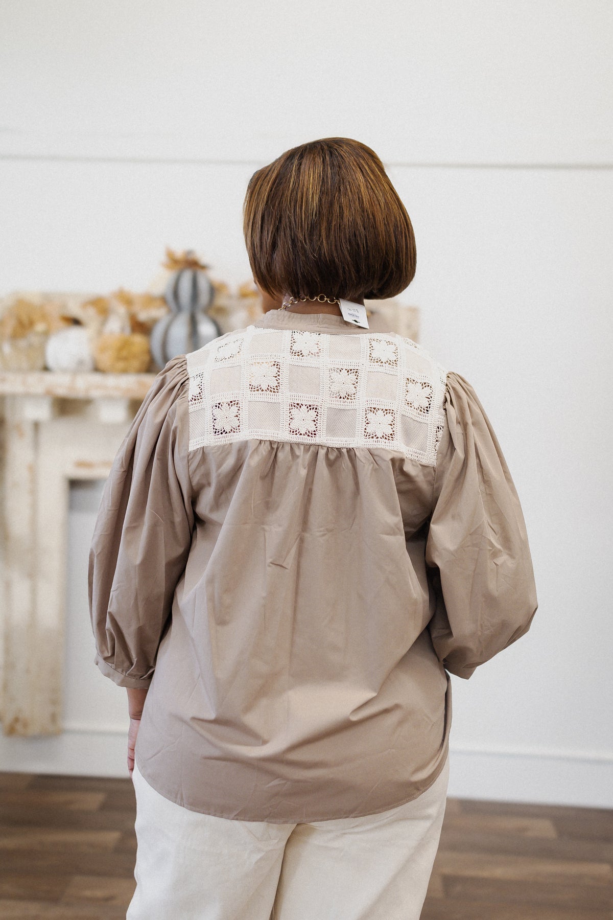 Curvy Mocha Blouse with Crochet Detail