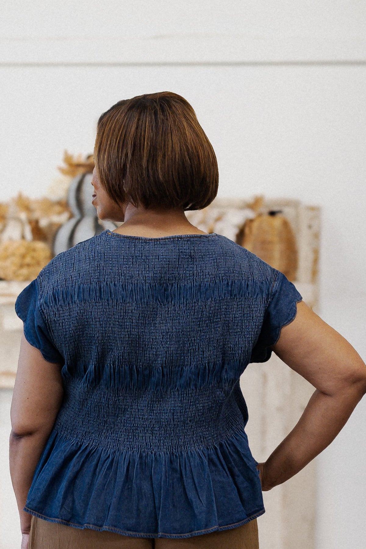 Curvy Denim Smocked Peplum Top
