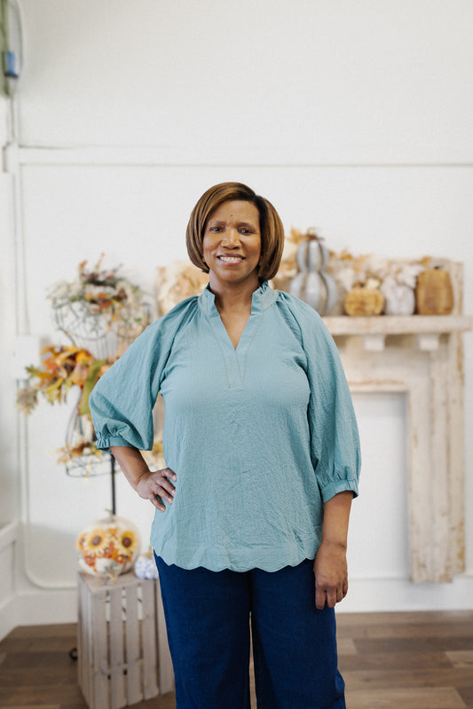 Curvy Deep Teal Scallop Hem Blouse