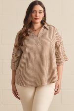 Plus Size Gingham 3/4 Sleeve Top