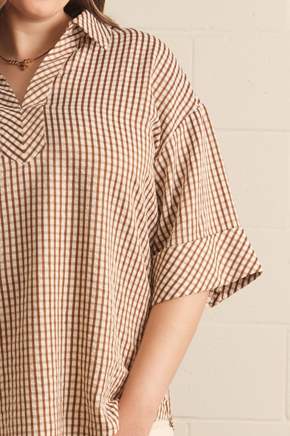 Plus Size Gingham 3/4 Sleeve Top