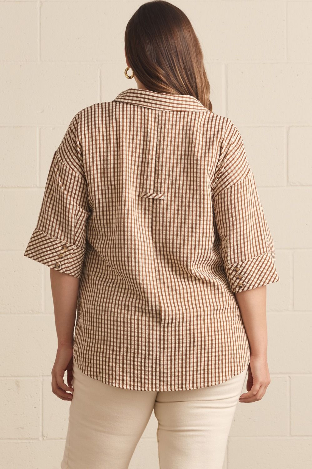Plus Size Gingham 3/4 Sleeve Top