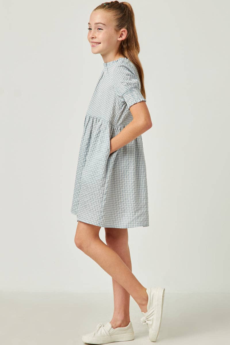 Girls Blue Gingham Smocked Dress