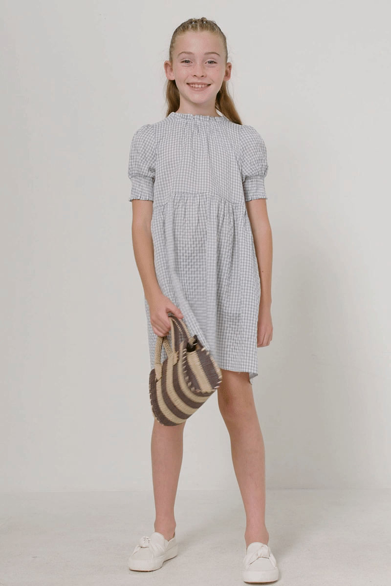 Girls Blue Gingham Smocked Dress