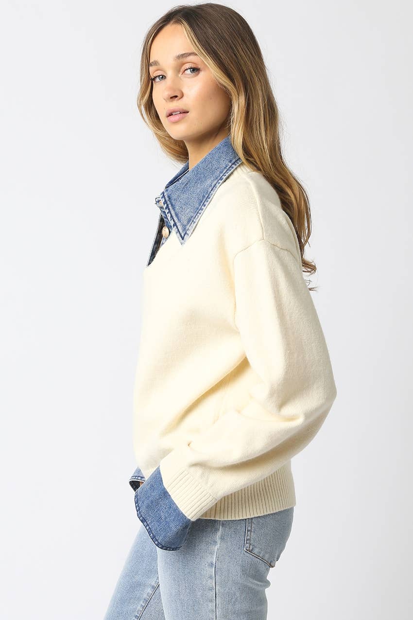 Emely Contrast Knit Sweater: KHAKI LT DENIM / S