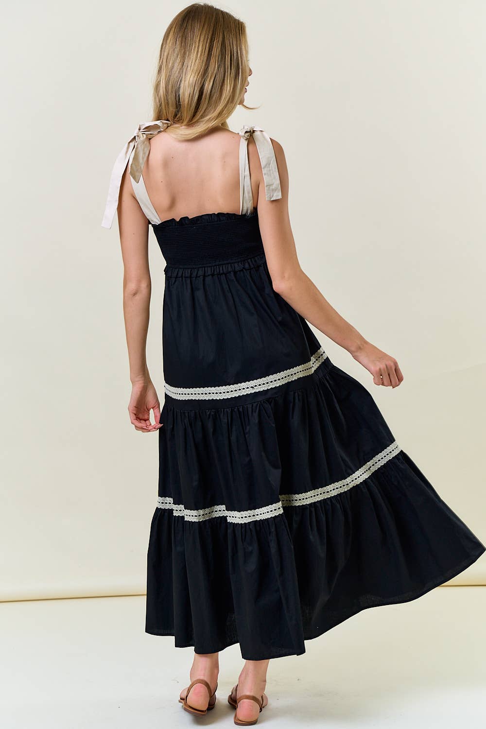 SMOCKED SLEEVELESS TIE STRAP TIERED MAXI DRESS