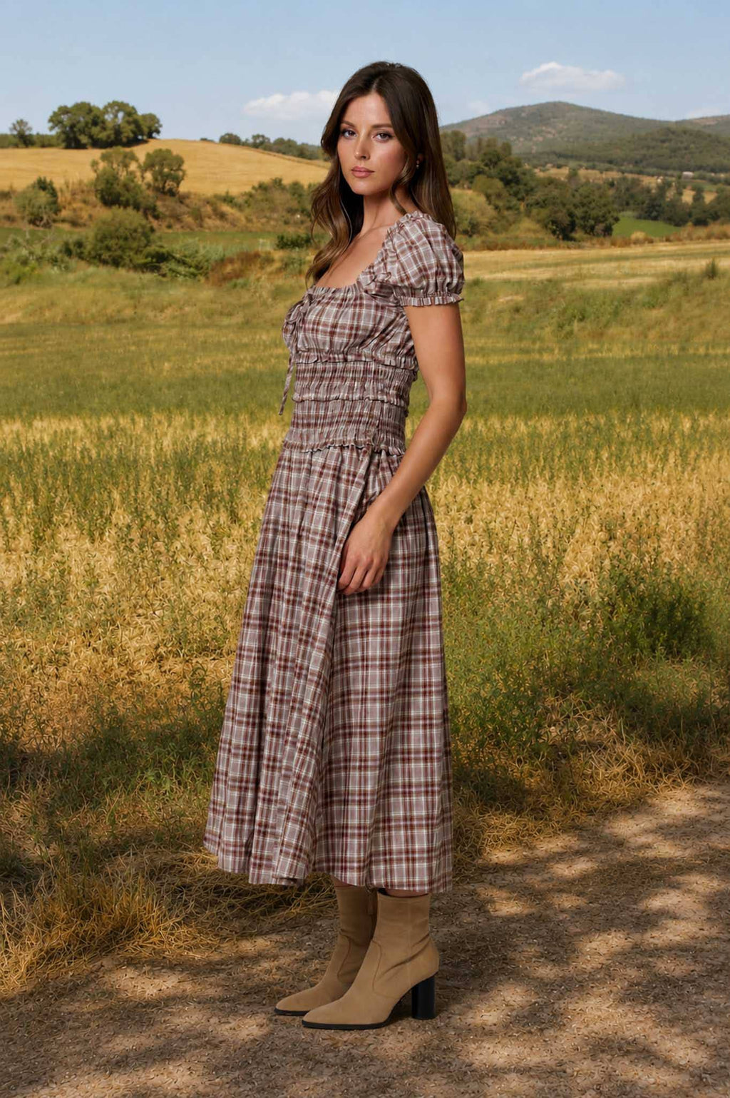 PLAID PUFF SLEEVE RUFFLED SMOCKED WAIST MIDI DRESS (PRE-ORDER): BURGUNDY
