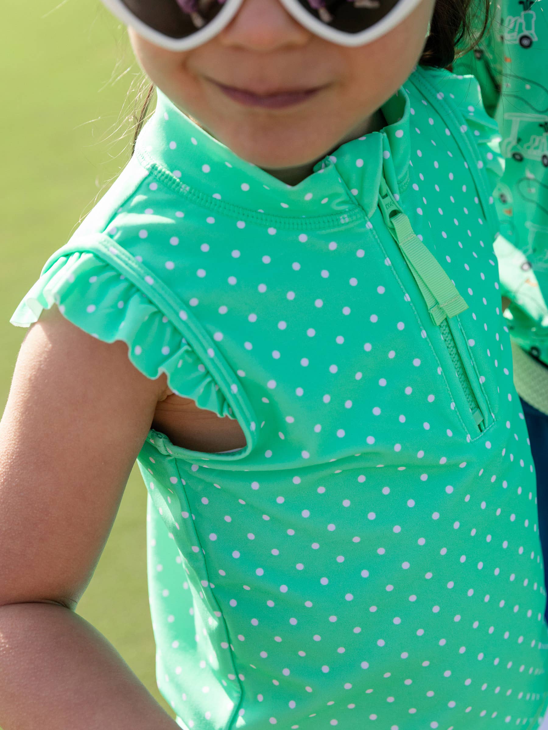 Girls Spring Green Micro Dot Sleeveless Zip Ruffle Sleeve Active Top
