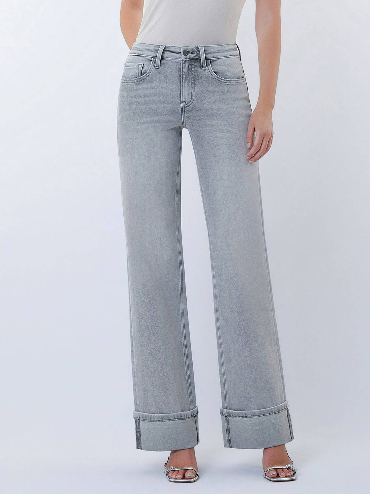 MID RISE FULL LENGTH GREY CUFFED WIDE LEG JEANS F9054GY: GREY / 26