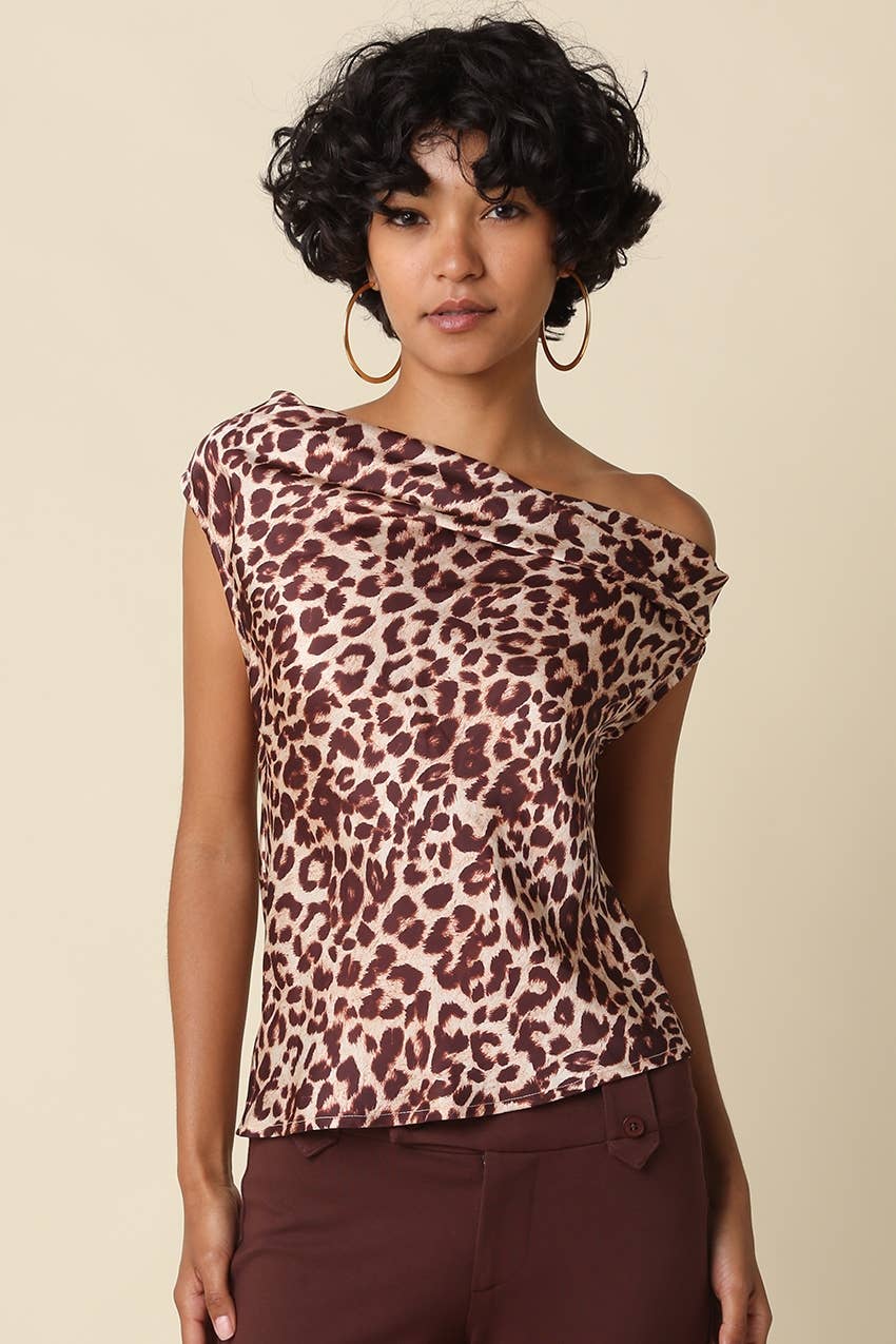 Lina Leopard One-Shoulder Top: CREAM BROWN LEOPARD / M