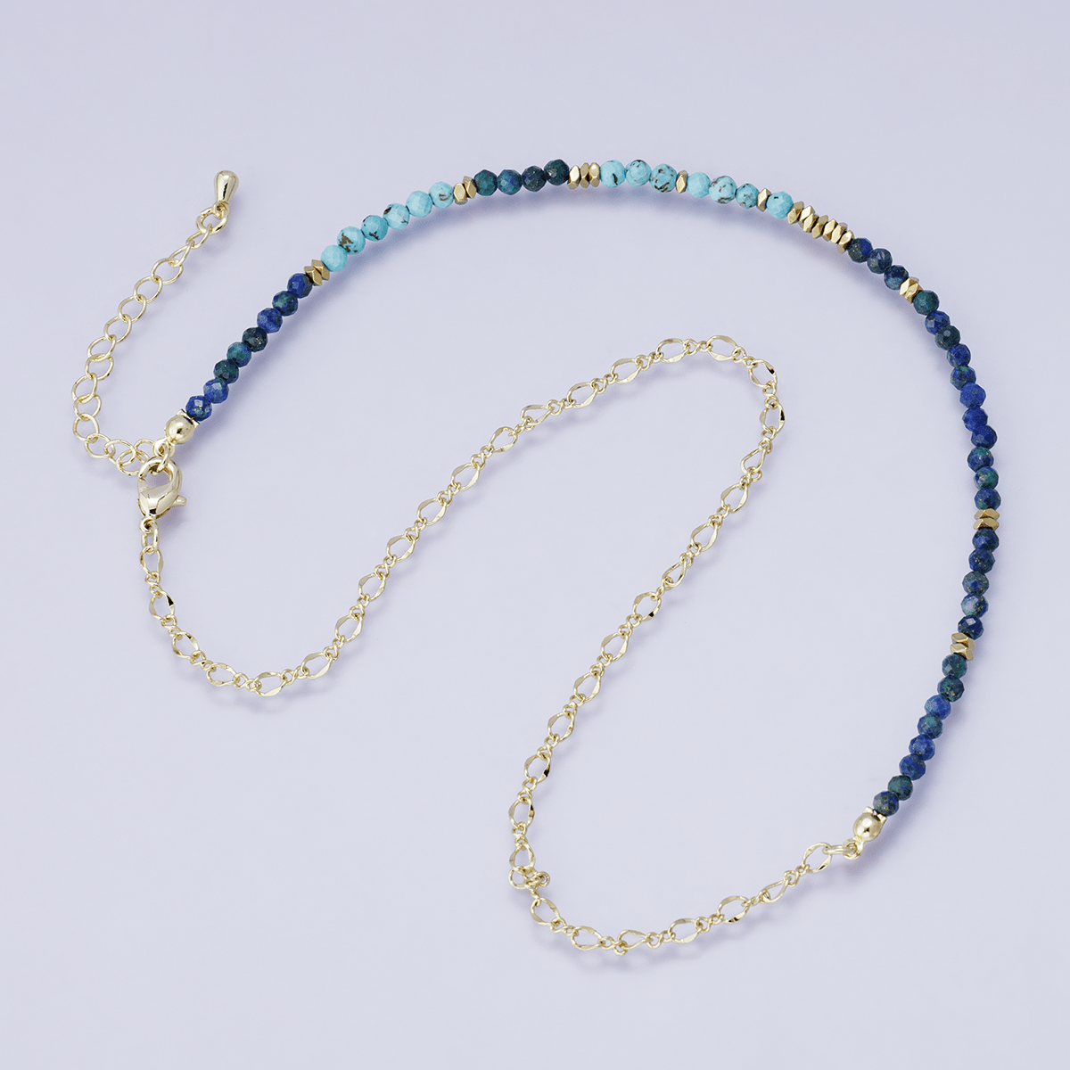 24K Gold Filled Blue Turquoise Lapis Lazuli Multifaceted Gemstone Figaro Chain Half 16 Inch Necklace w. Extender | WA-04203