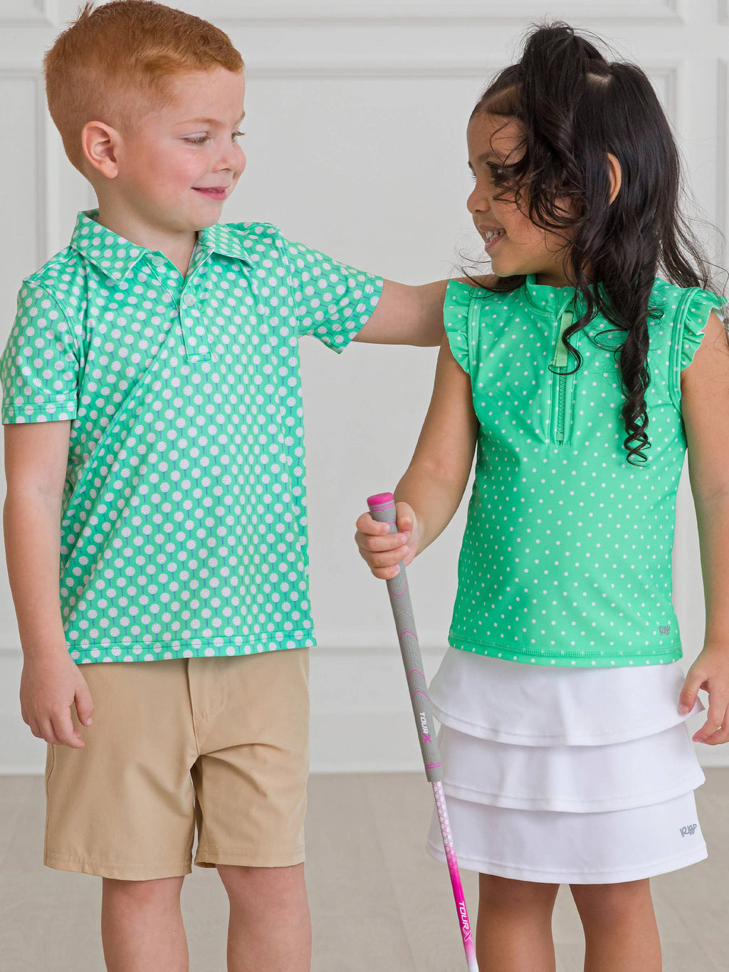 Girls Spring Green Micro Dot Sleeveless Zip Ruffle Sleeve Active Top
