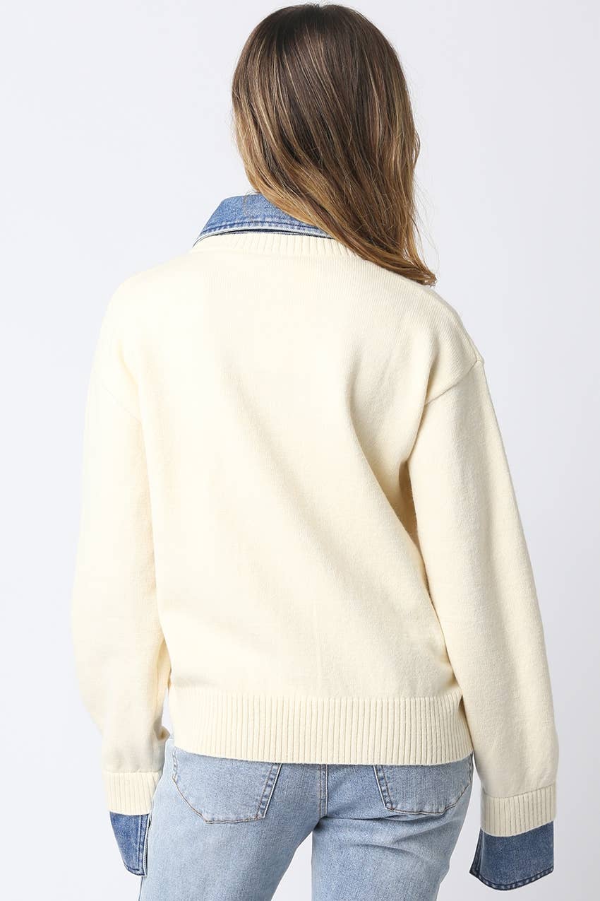 Emely Contrast Knit Sweater: KHAKI LT DENIM / S