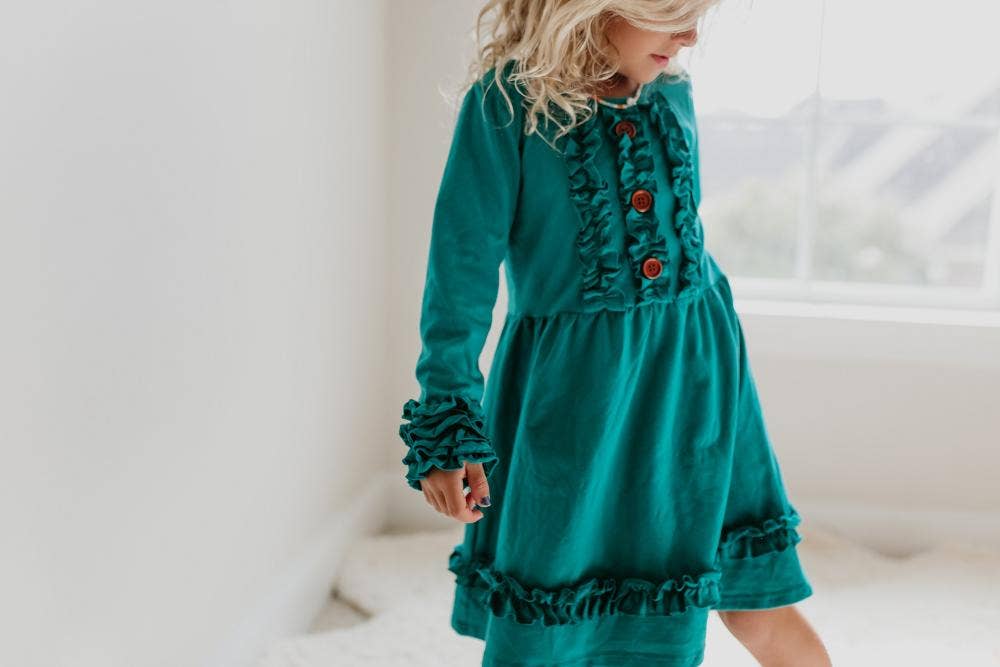 GIRLS LONG SLEEVE RUFFLE BUTTON DRESS