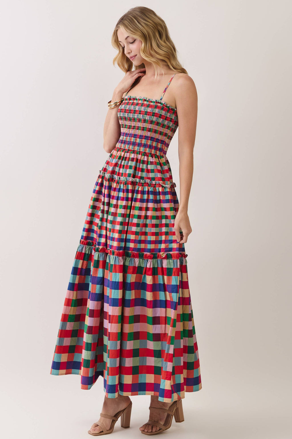CD07440-Smocked Bodice Plaid Tiered Maxi Dress: MULTI / M
