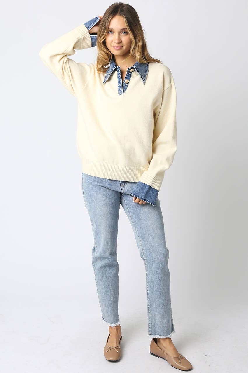 Emely Contrast Knit Sweater: KHAKI LT DENIM / M