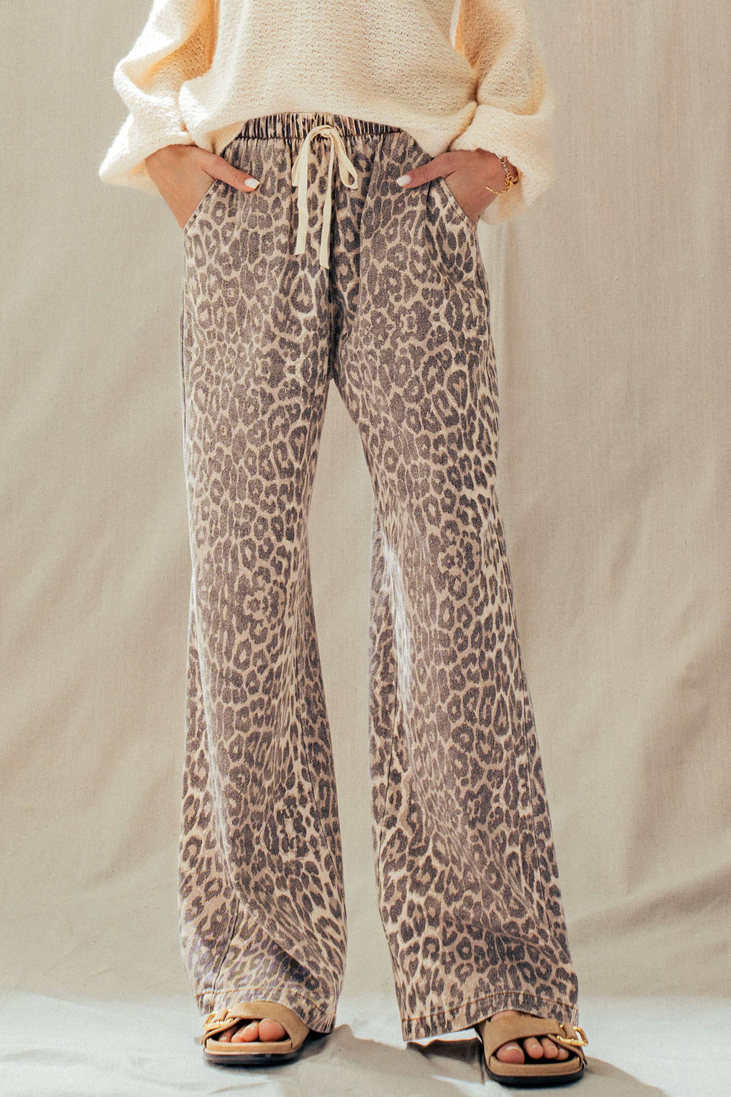 Leopard Print Wide Leg Cotton Pants Drawstring: