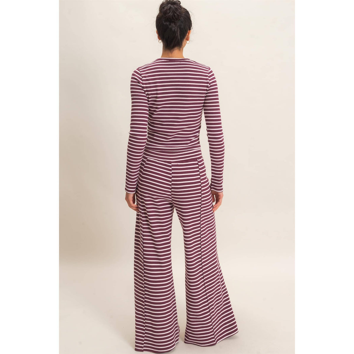 Striped Waffle Long Sleeve Top & Pants Set -- Dark Cherry