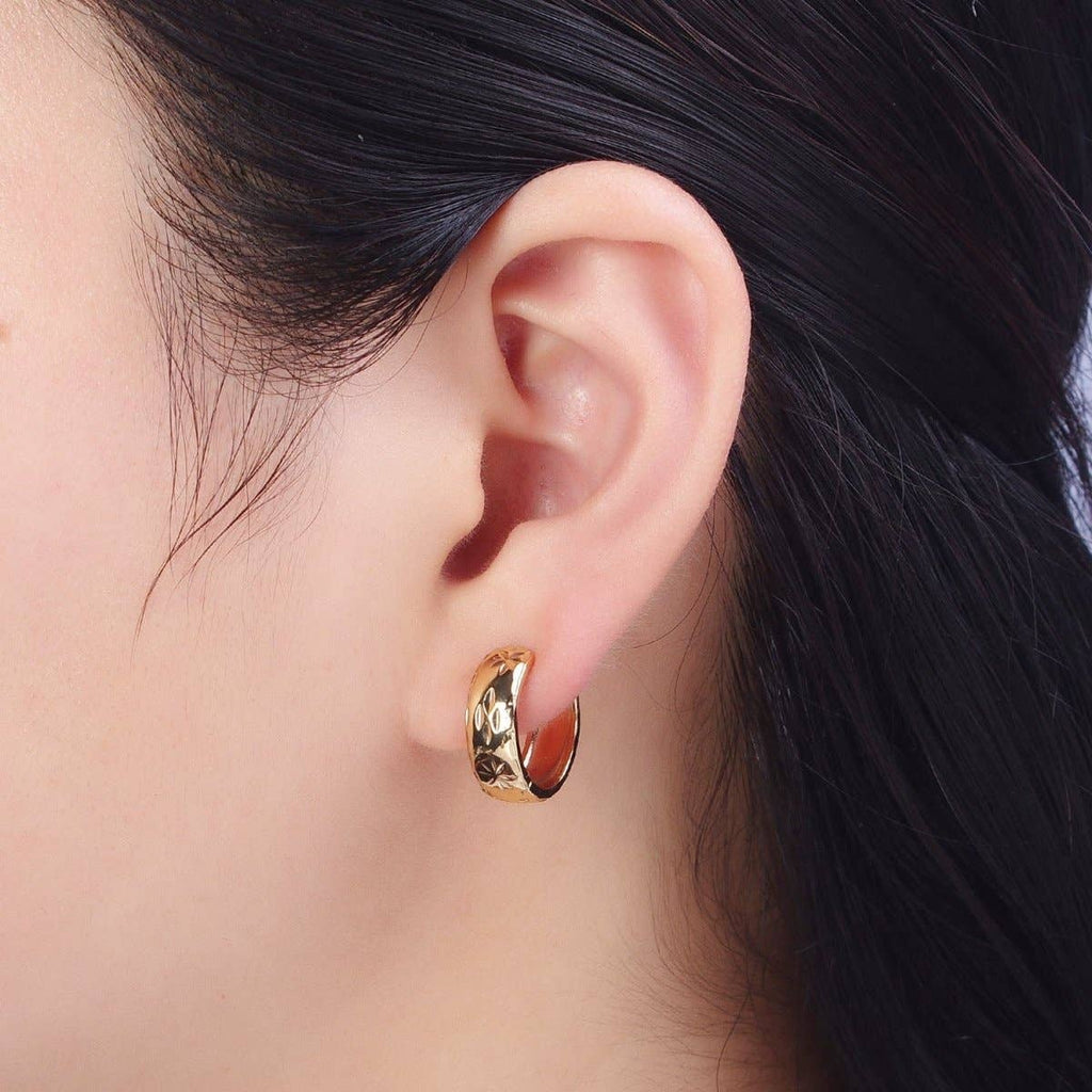 Gold Earrings with Textured North Star Carved Wide Small Huggie Hoop Earrings - AD-480