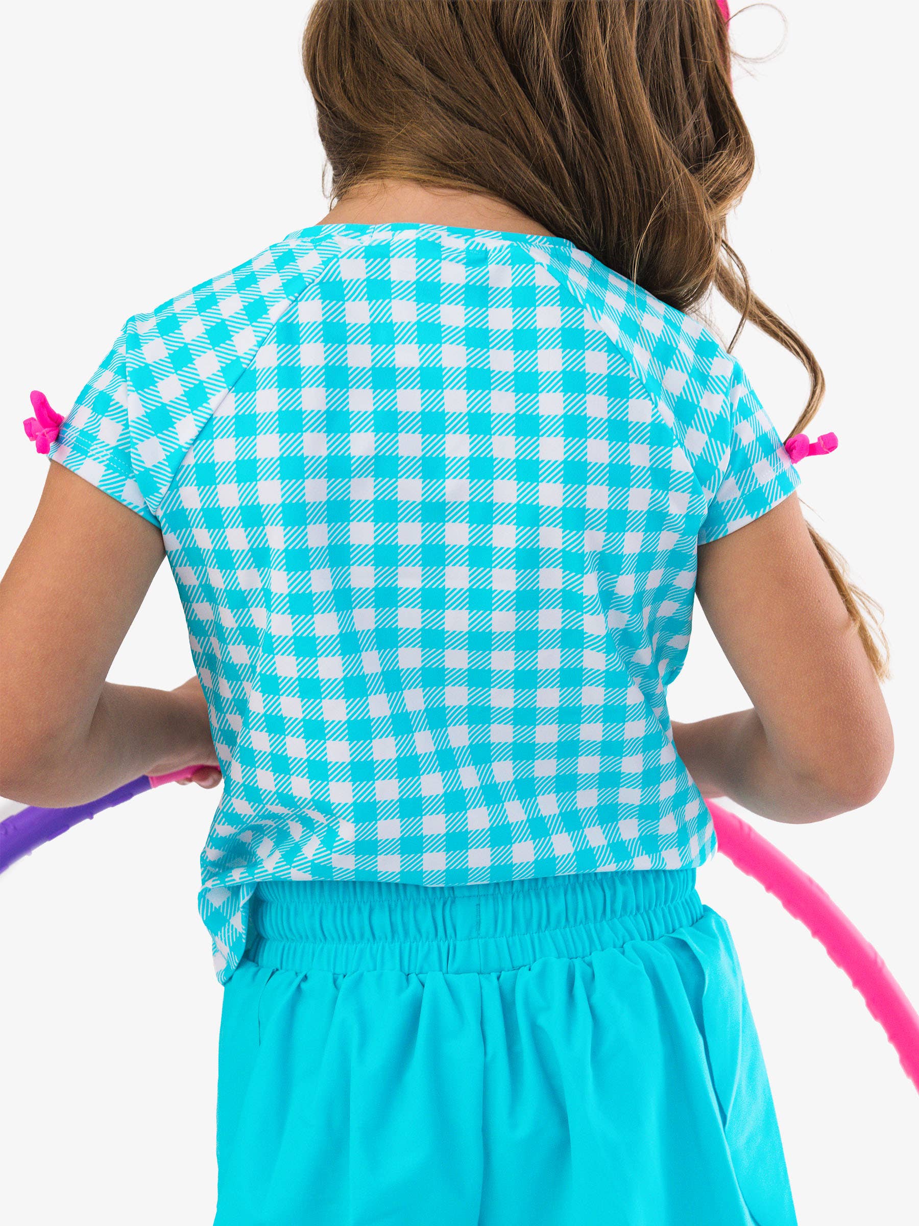 Girls Bright Aqua Gingham Active Raglan Bow Shirt