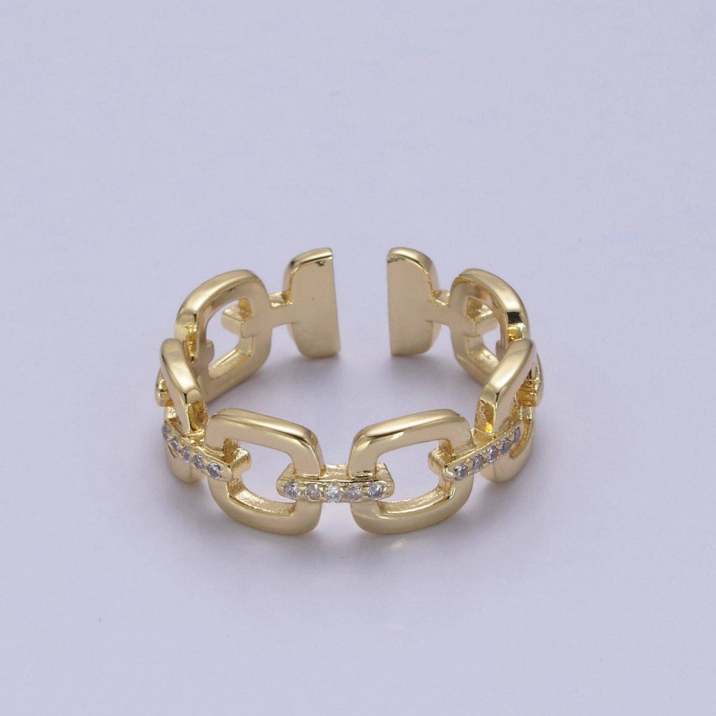 24K Gold Filled Cable Paperclip Chain Link Ring, Dainty Micro Pave Cubic Zirconia CZ Ring S-347