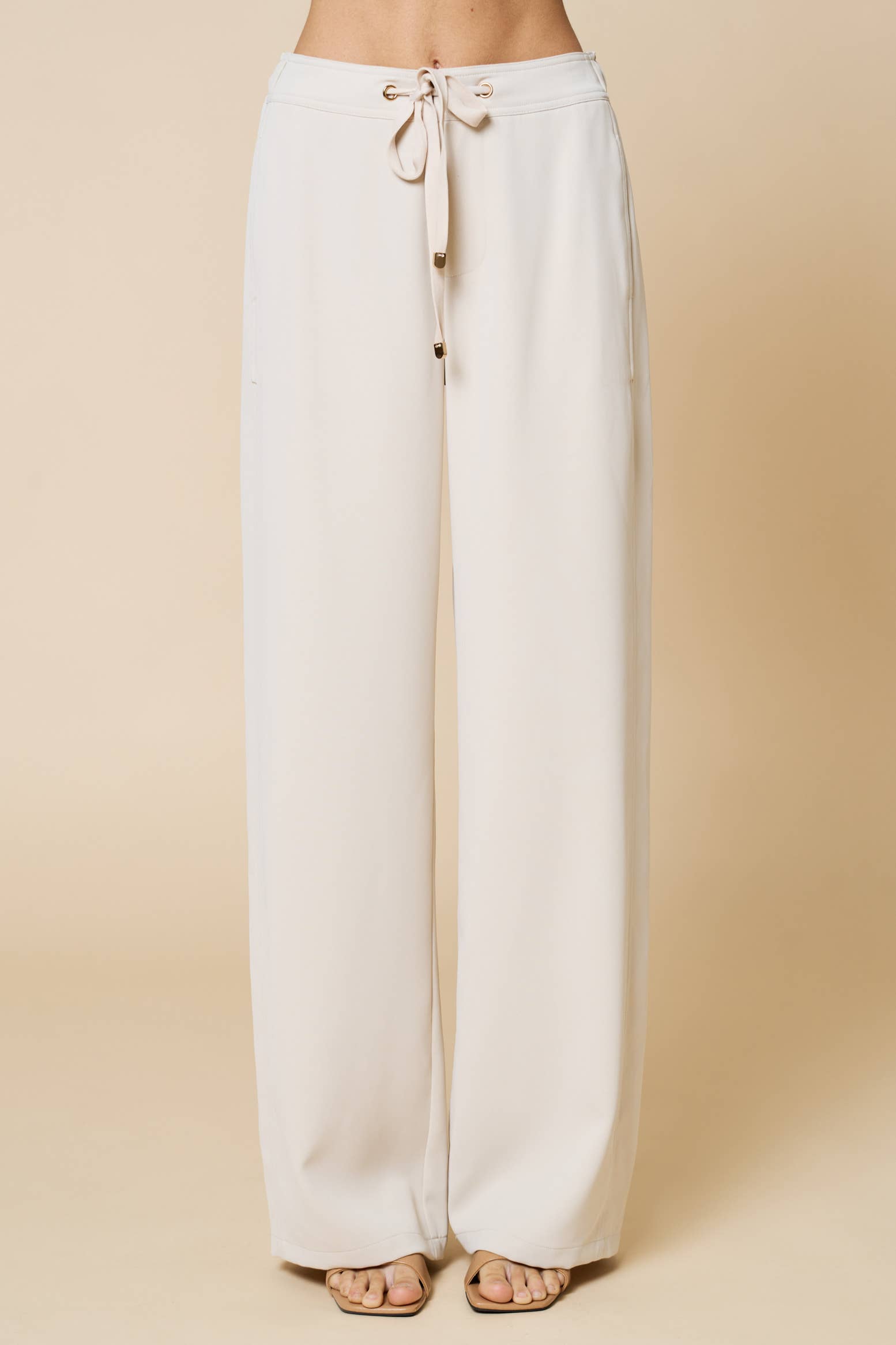 Cream Wide Leg Draw String Pants With Pockets