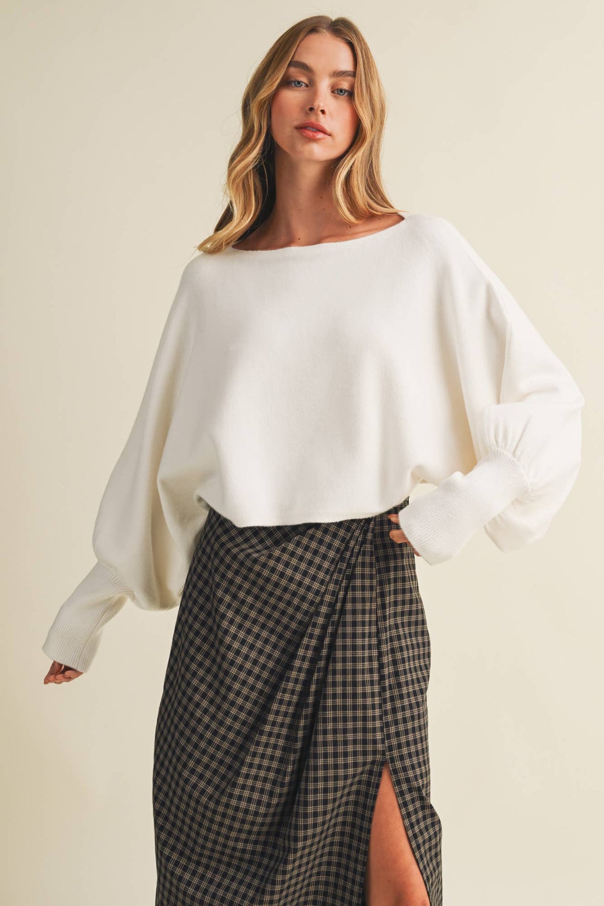 Bateau Neck Dolman Sleeve Pullover: CREAM / M