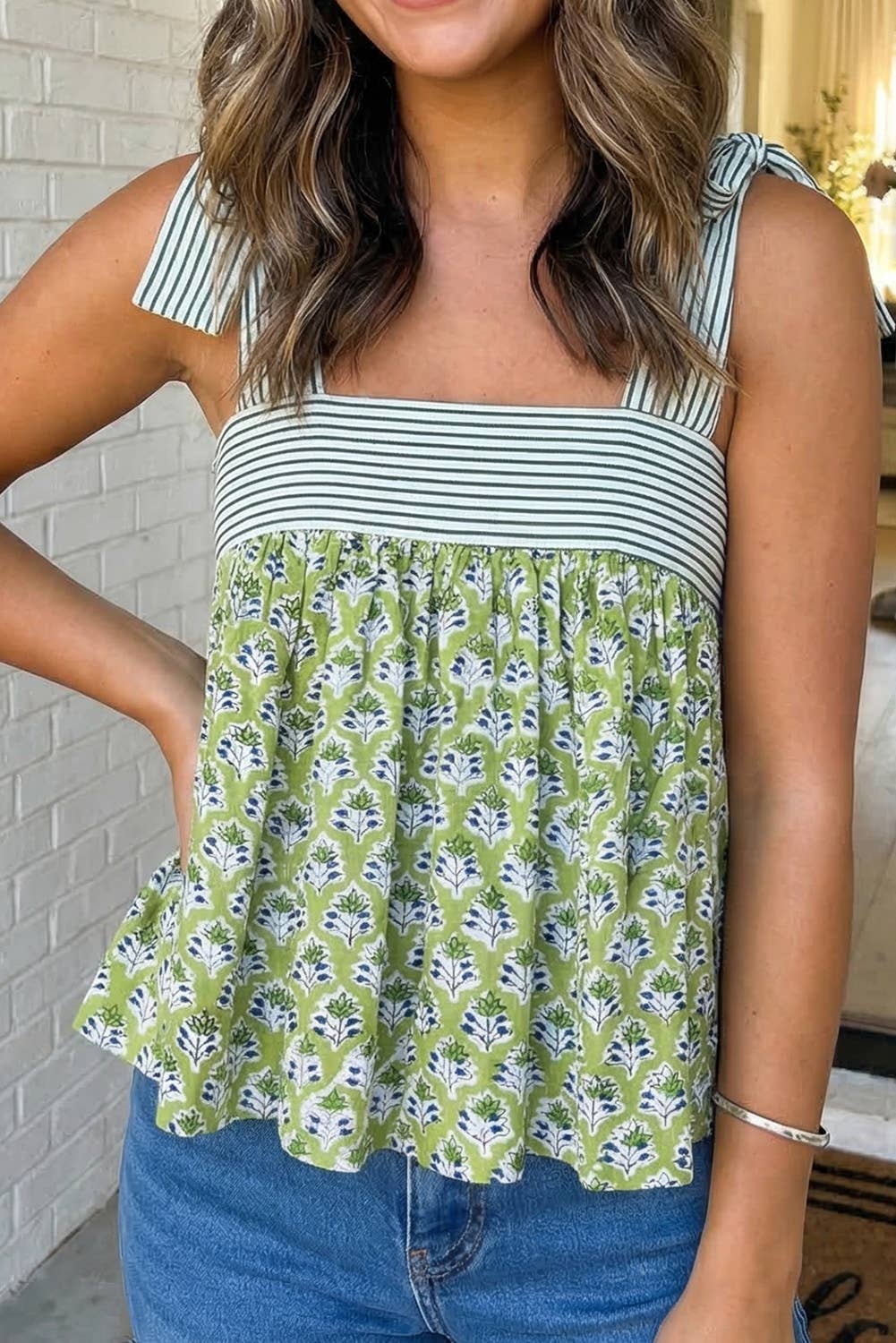 Floral Printed Knot Tank GREEN
