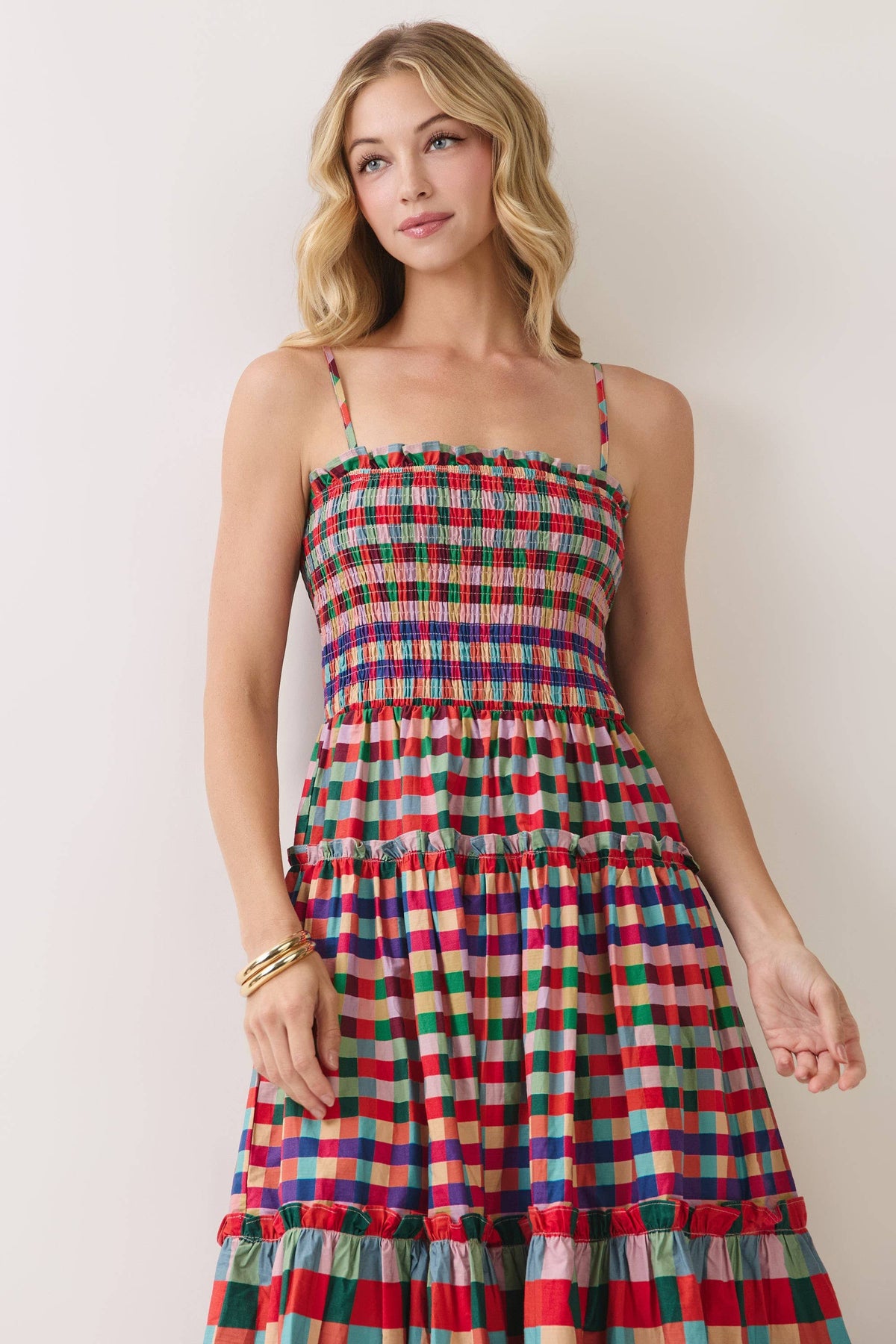 CD07440-Smocked Bodice Plaid Tiered Maxi Dress: MULTI / M