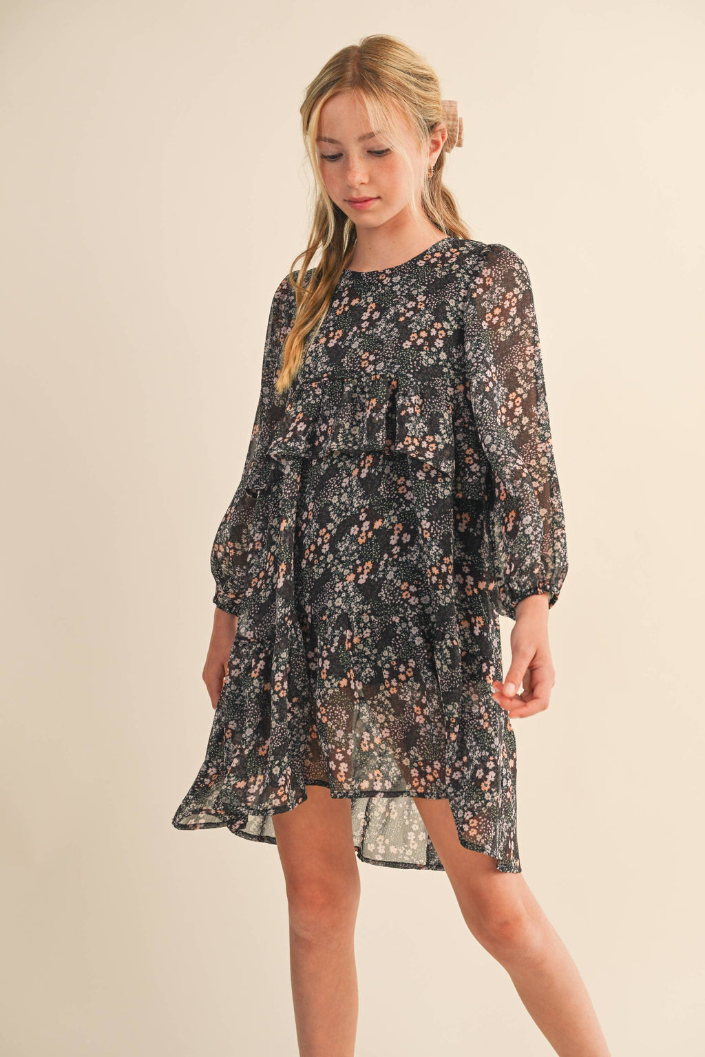 TWEEN KIDS GIRLS LAYERED HI LOW MIDI DRESS (7-14): BLACK MULTI / 7/8