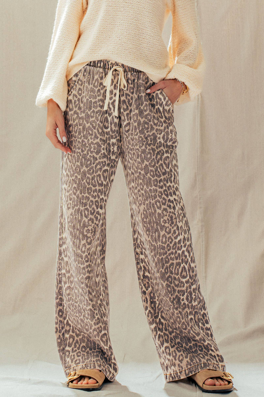 Leopard Print Wide Leg Cotton Pants Drawstring: