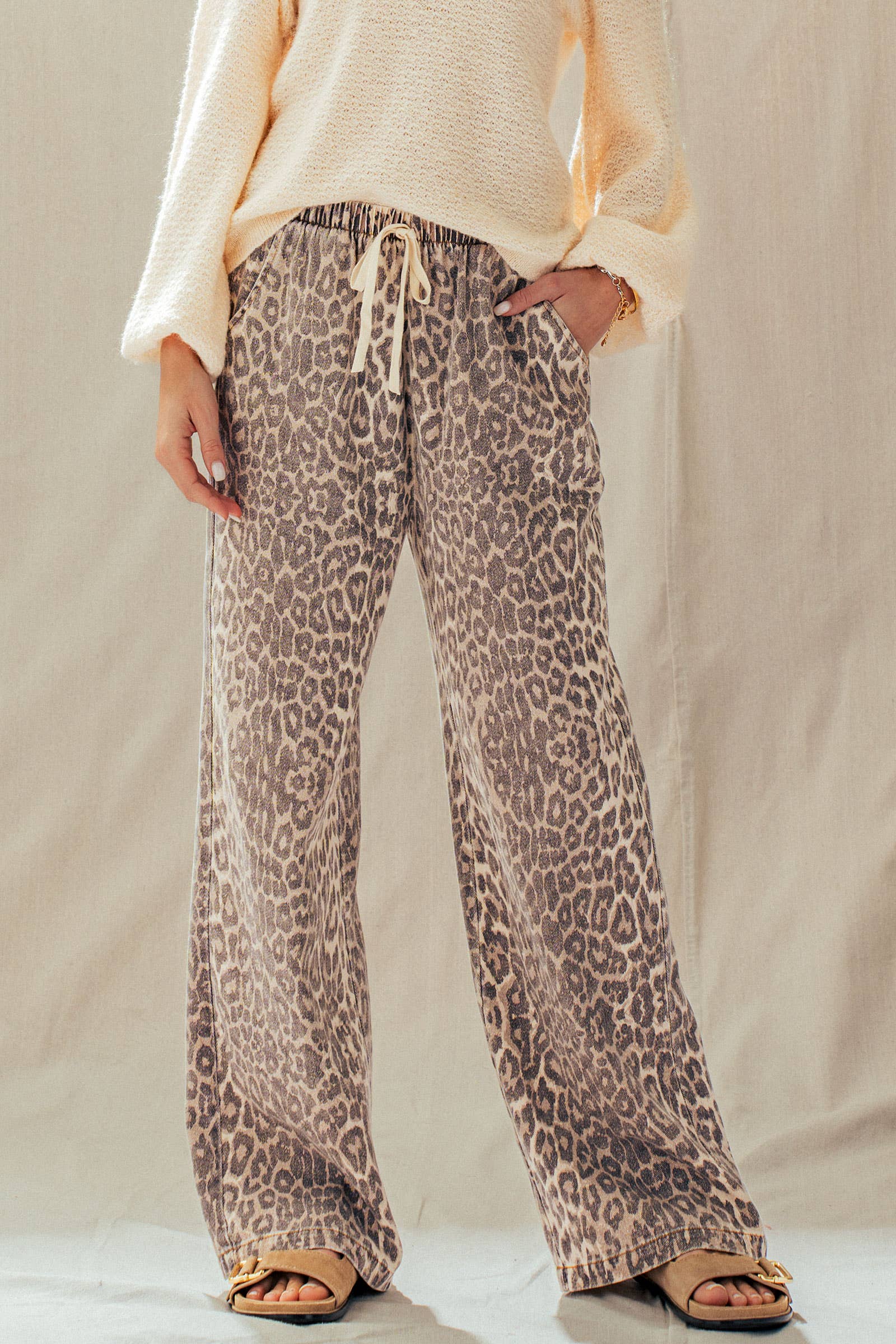 Leopard Print Wide Leg Cotton Pants Drawstring: