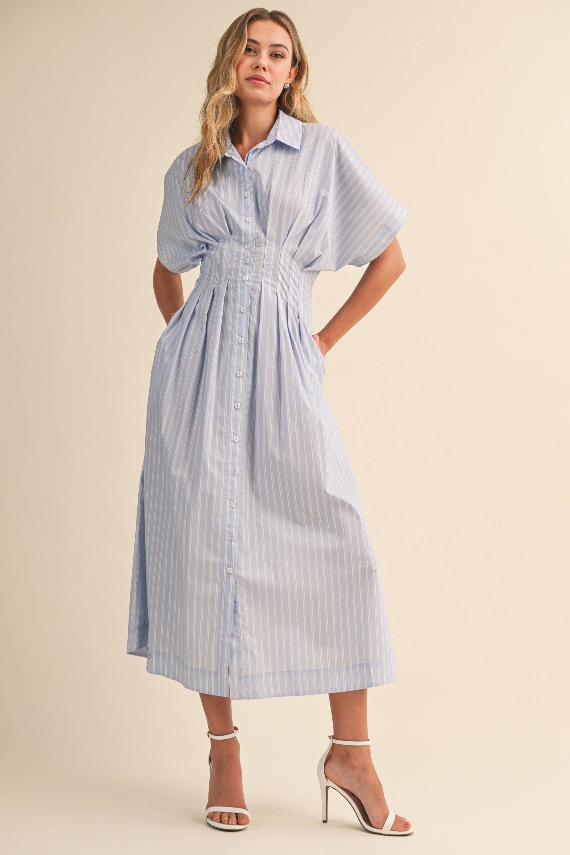 STRIPE PRINT DOLMAN SLEEVE PLEATS WAIST BUTTON DOWN