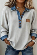 Denim Contrast Collar Waffle Knit Sweatshirt S–4X: Light Grey / Plus-1X