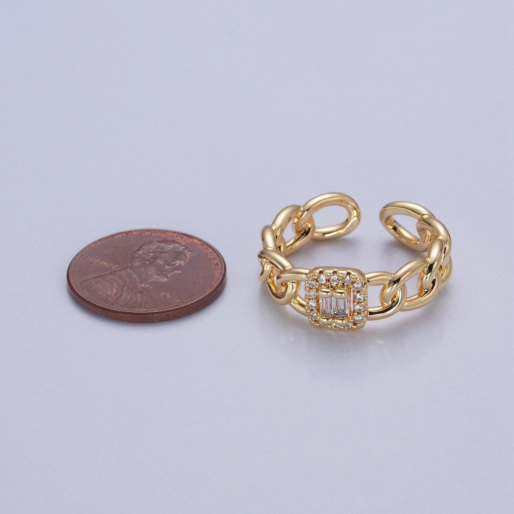 Tiny Baguette Square Ring with Curb Chain Link Band O2283