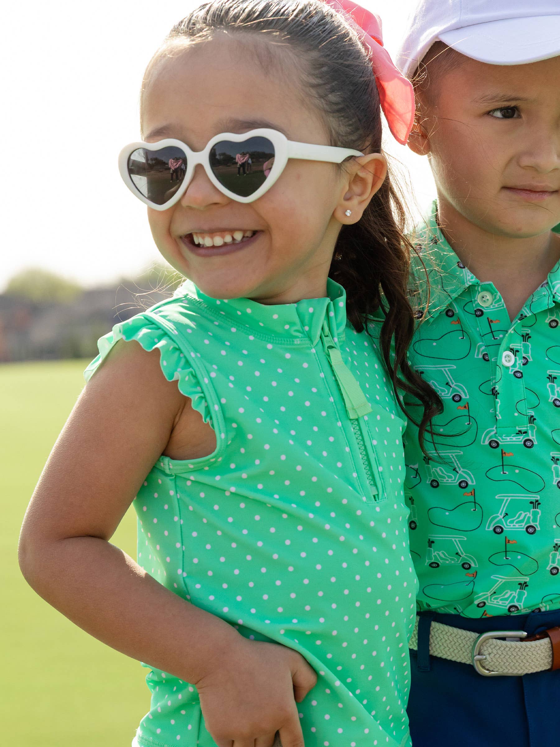 Girls Spring Green Micro Dot Sleeveless Zip Ruffle Sleeve Active Top