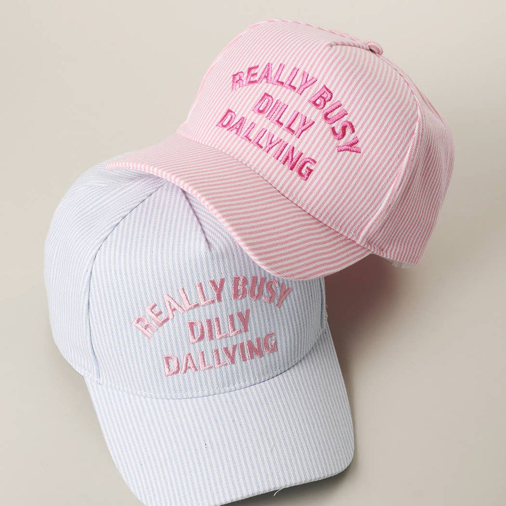 REALLY BUSY DILLY DALLYING Embroidered Seersucker Stripe Hat: PINK / ONE SIZE