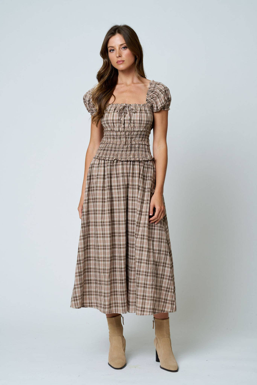PLAID PUFF SLEEVE RUFFLED SMOCKED WAIST MIDI DRESS (PRE-ORDER): BURGUNDY