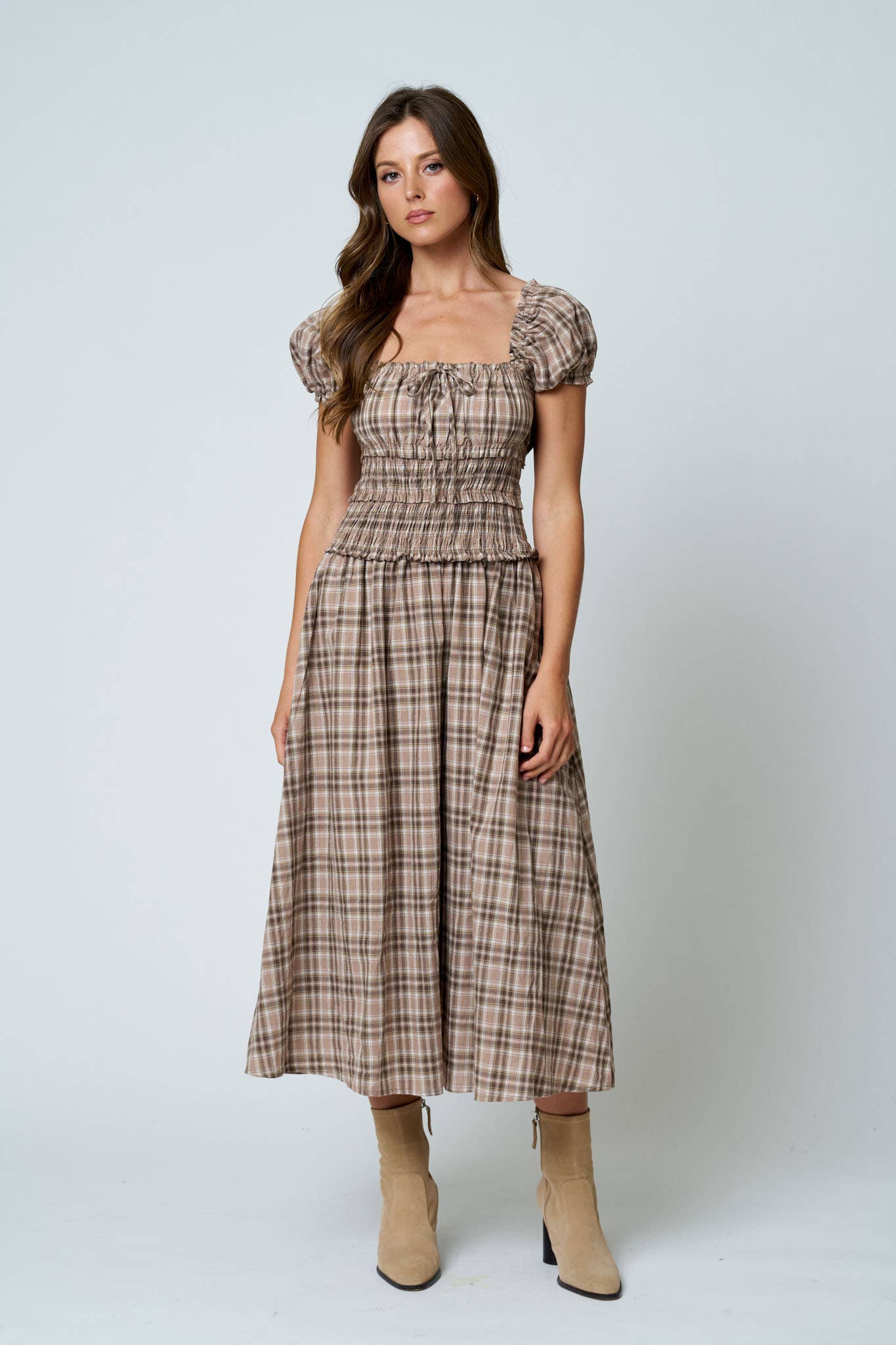 PLAID PUFF SLEEVE RUFFLED SMOCKED WAIST MIDI DRESS (PRE-ORDER): BURGUNDY