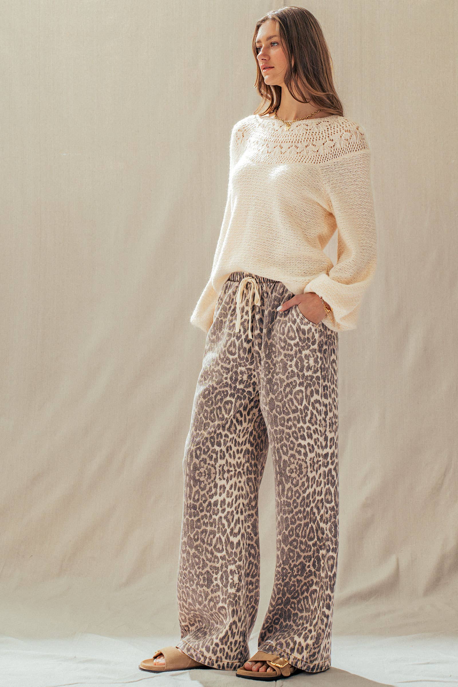 Leopard Print Wide Leg Cotton Pants Drawstring: