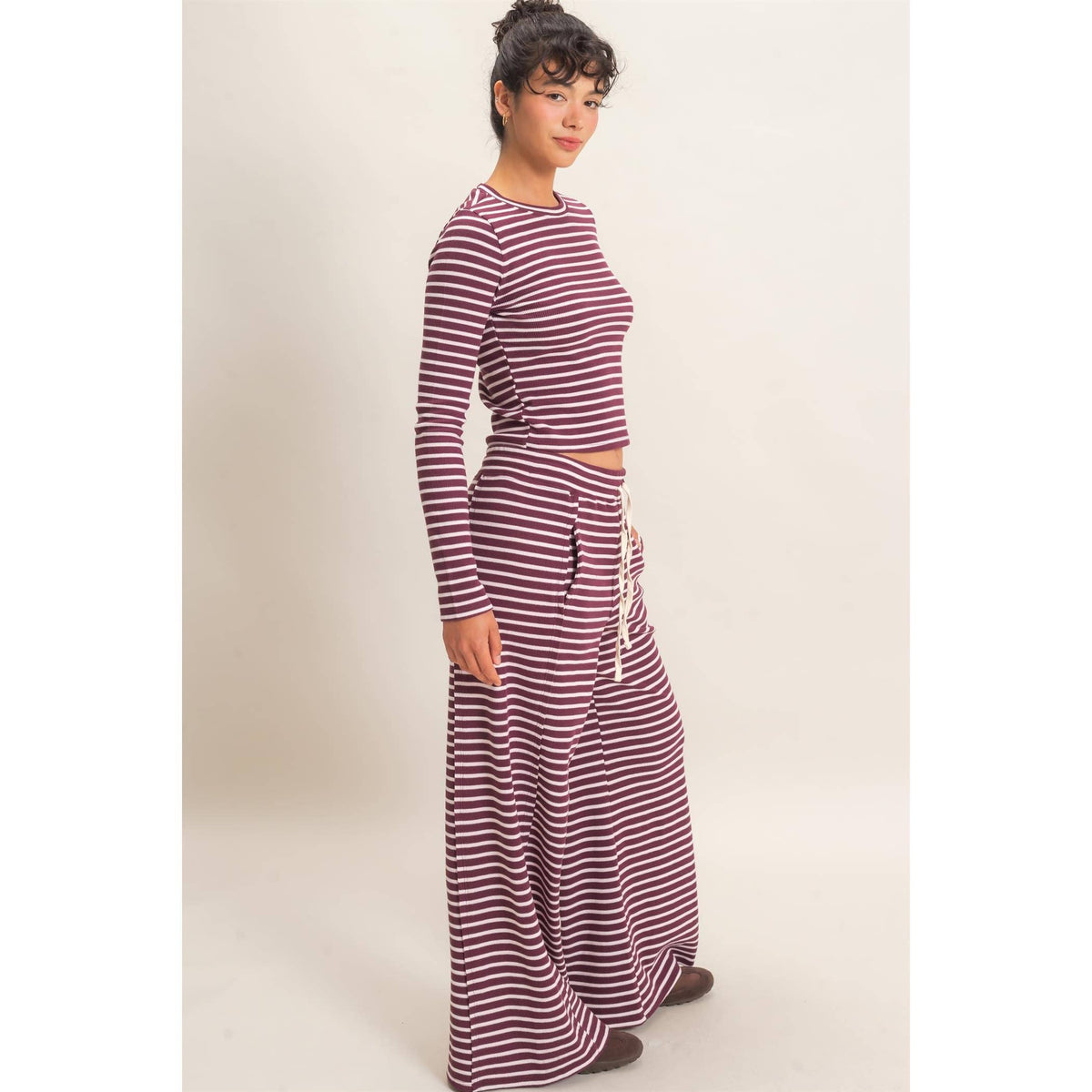 Striped Waffle Long Sleeve Top & Pants Set -- Dark Cherry
