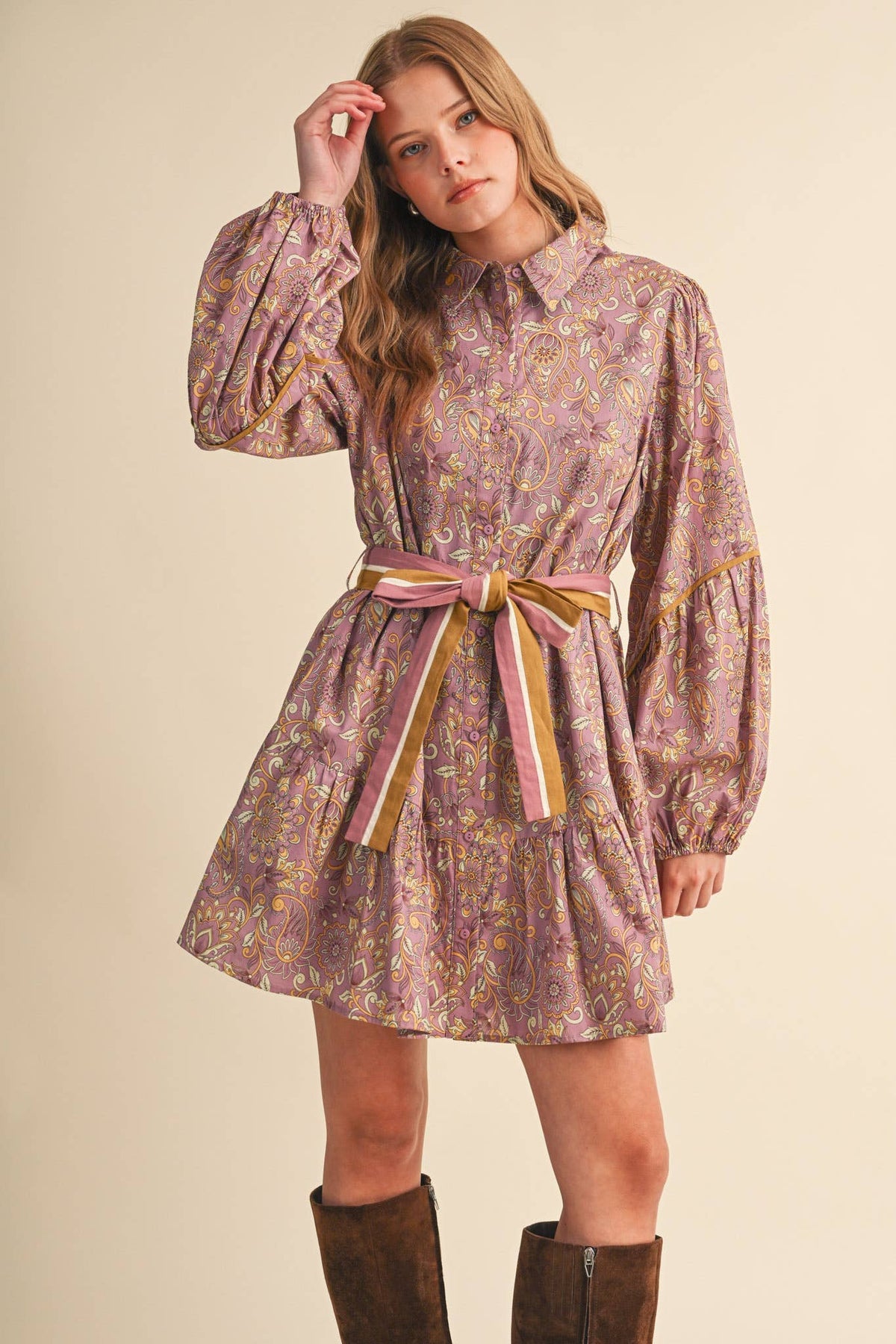 FLORAL PAISLEY BUTTON DOWN BELTED MINI DRESS MDR5148: DUSTY TEAL PAISLEY / S