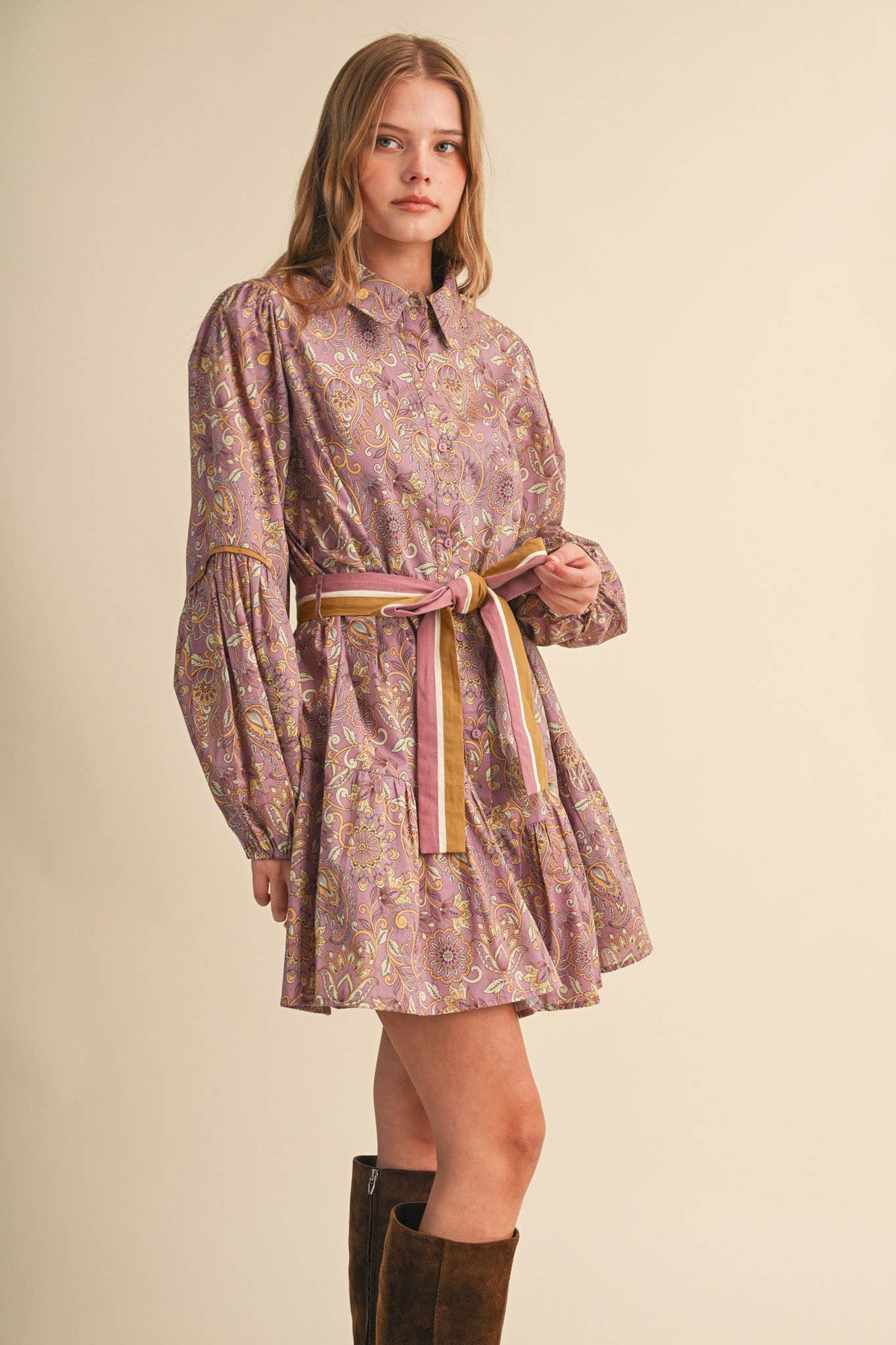 FLORAL PAISLEY BUTTON DOWN BELTED MINI DRESS MDR5148: DUSTY TEAL PAISLEY / S