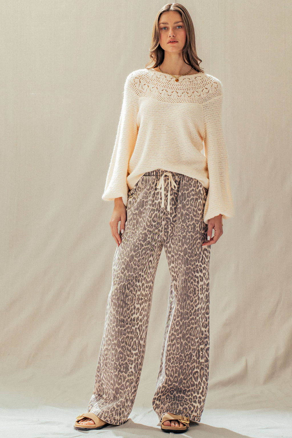 Leopard Print Wide Leg Cotton Pants Drawstring: