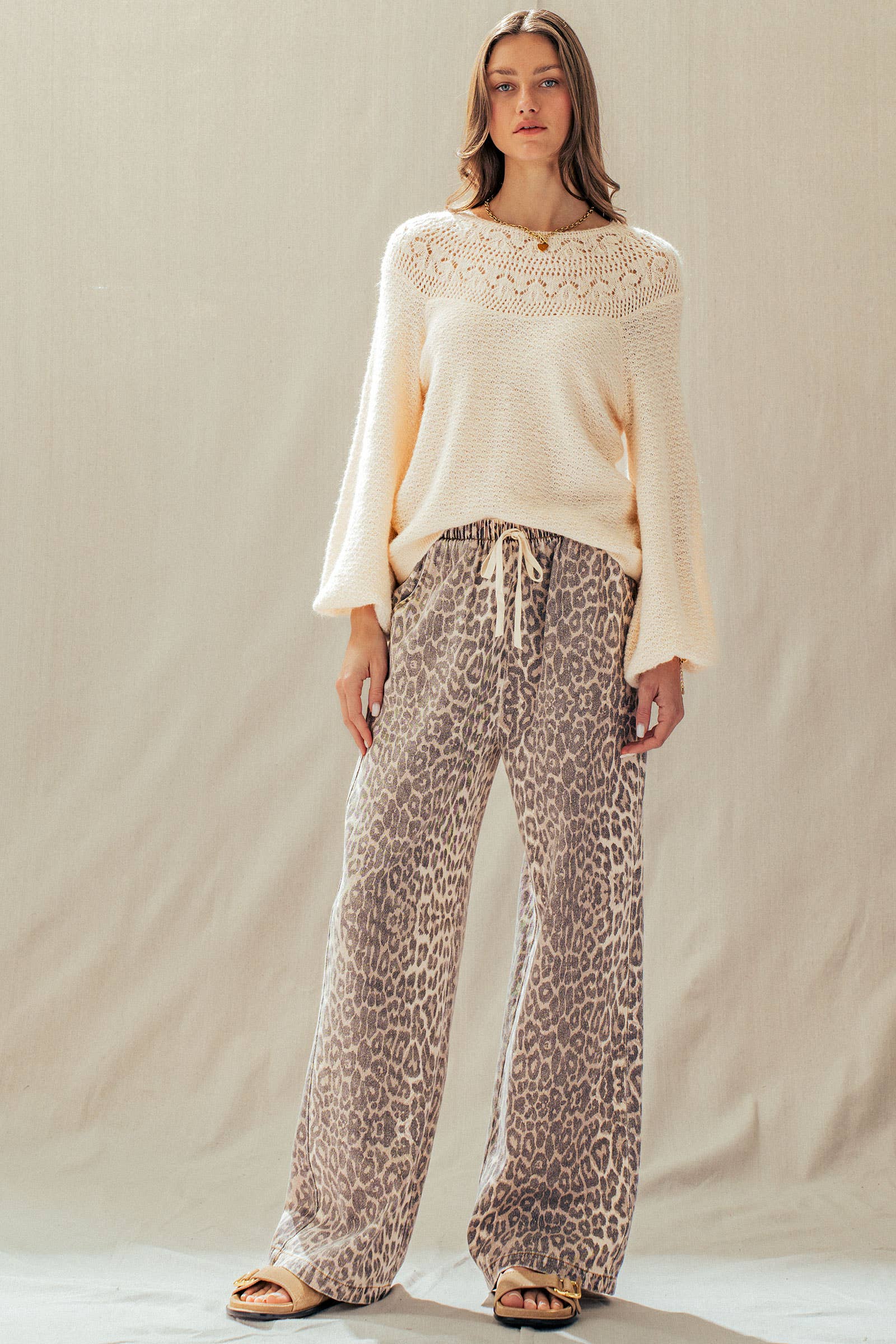Leopard Print Wide Leg Cotton Pants Drawstring: