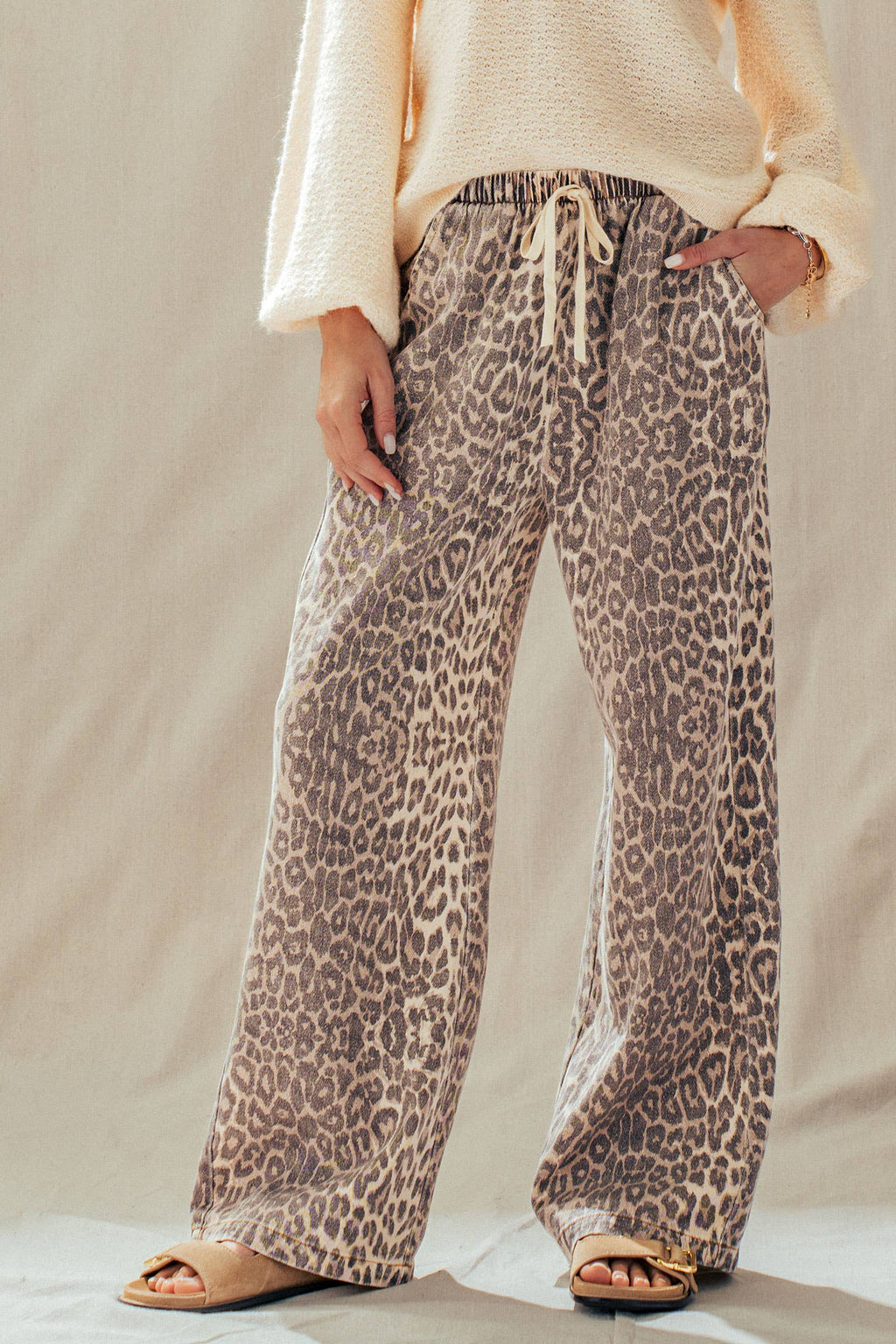 Leopard Print Wide Leg Cotton Pants Drawstring: