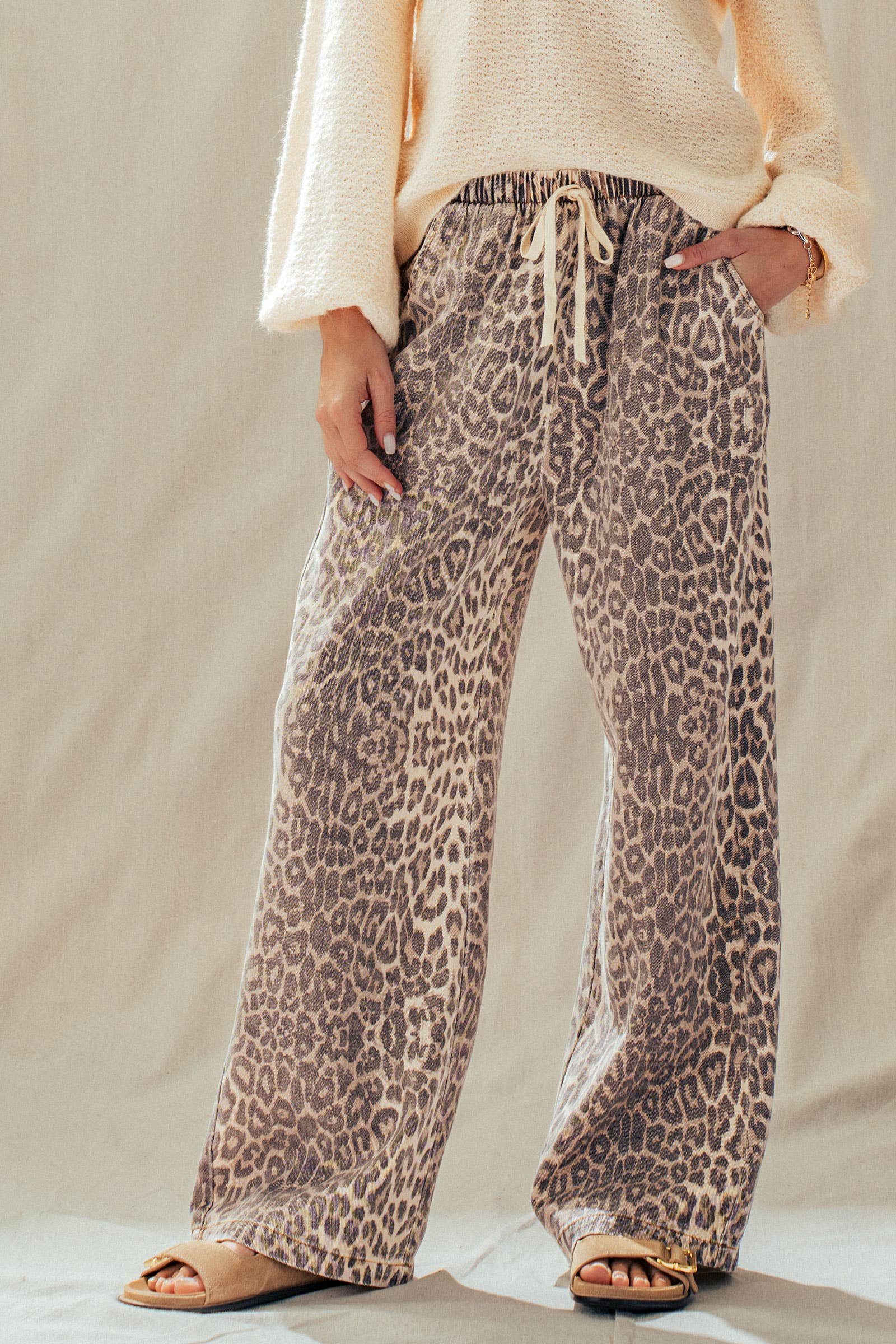 Leopard Print Wide Leg Cotton Pants Drawstring: