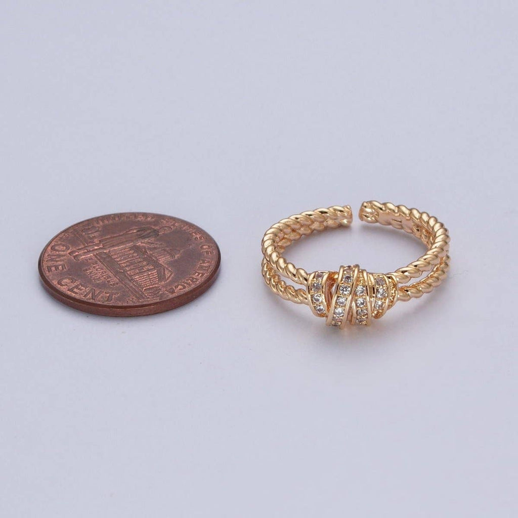 Gold Micro Pave Cubic Zirconia CZ Twist Double Band Adjustable Ring O-448