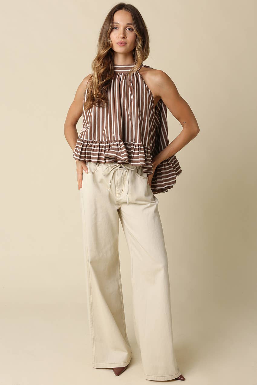 Bea Stripe Halter Ruffle Blouse: Brown / Contemporary / L