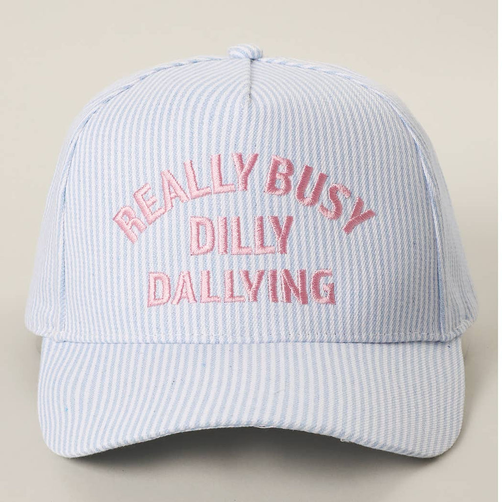 REALLY BUSY DILLY DALLYING Embroidered Seersucker Stripe Hat: PINK / ONE SIZE